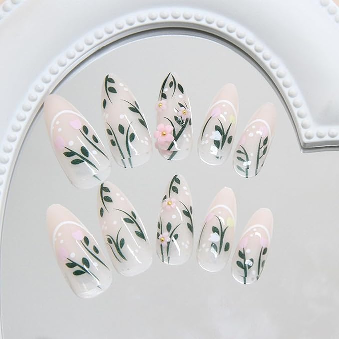24Pcs Medium Press on Nails Almond Fake Nails with Flower Charms Cute Tulip Floral Leaf Nail Design Glossy Acrylic Nails Artificial Glue on Nails Full Cover Spring Summer Flower False Nails for Women