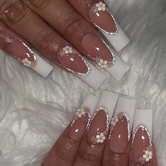 White Press on Nails Long,3D Flower Fake Nails Square Bling Glossy Rhinestone False Nail Tips Artificial Nails Finger Manicure for Women and Girls,24pcs