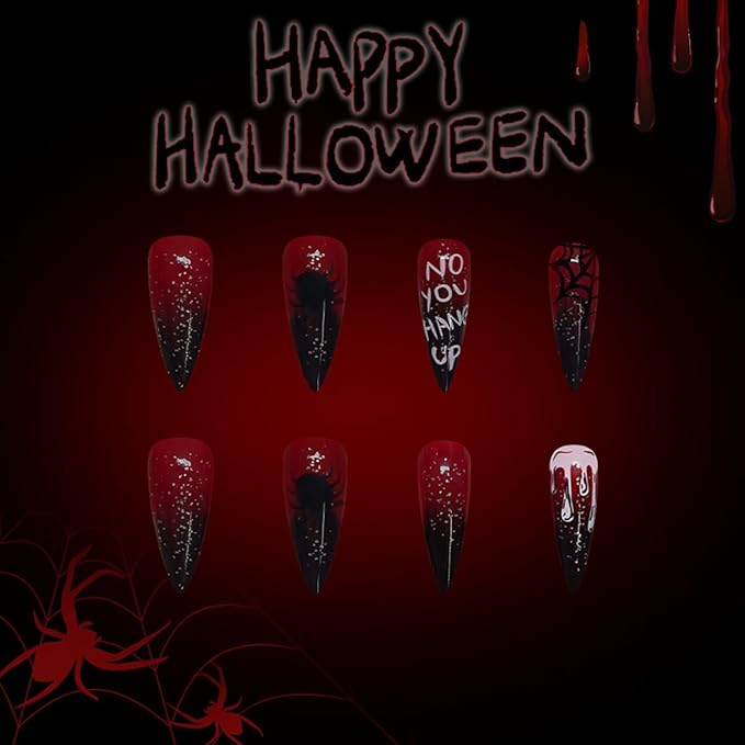 Halloween Press on Nails Long Almond Fake Nails Dark Red False Nails Black Spider Web White Dripping Blood Design Gradient Glue on Nail Glitter Stick on Nail for Women Decor Manicure Supplies