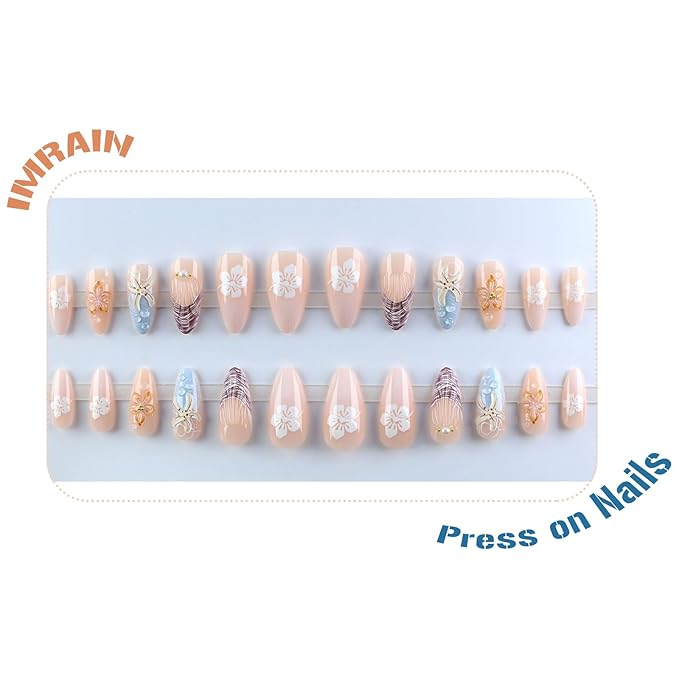 IMRAIN Beach Press on Nails Medium Almond Fake Nails with 3D Starfish Flower Designs Gel Handmade Acrylic False Nails Full Cover Glue on Nails Artificial Stick on Nails for Women DIY Manicure