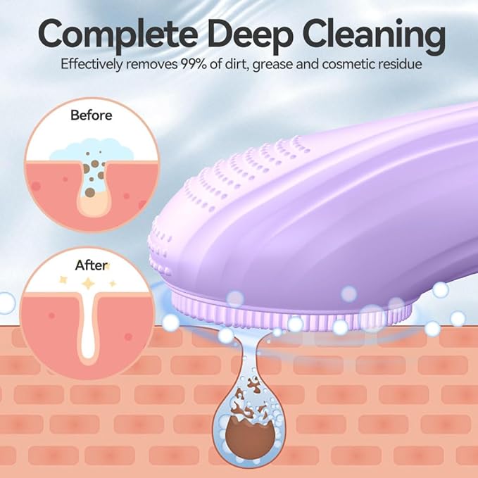 Facial Cleansing Brush, Silicone Face Scrubber with Heat and Vibration 5 Speeds, Waterproof Rechargeable Electric Face Scrub Brush for Men & Women, Deep Cleansing, Exfoliating and Massage (Purple)