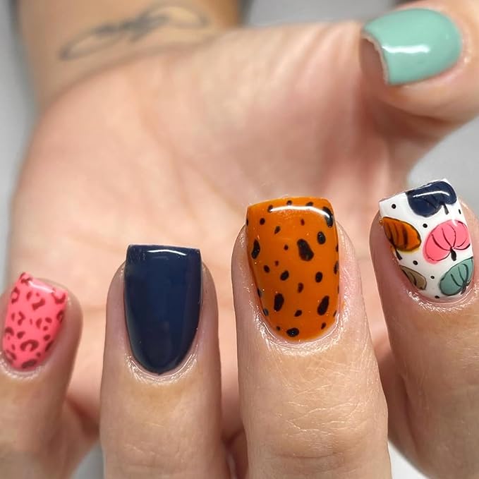 Colorful Pumpkin Press on Nails Short Square Fake Nails Cute False Nails with Leopard Spots Design Fall Glue on Nails Thanksgiving Acrylic Nail Glossy Stick on Nail for Women 24Pcs