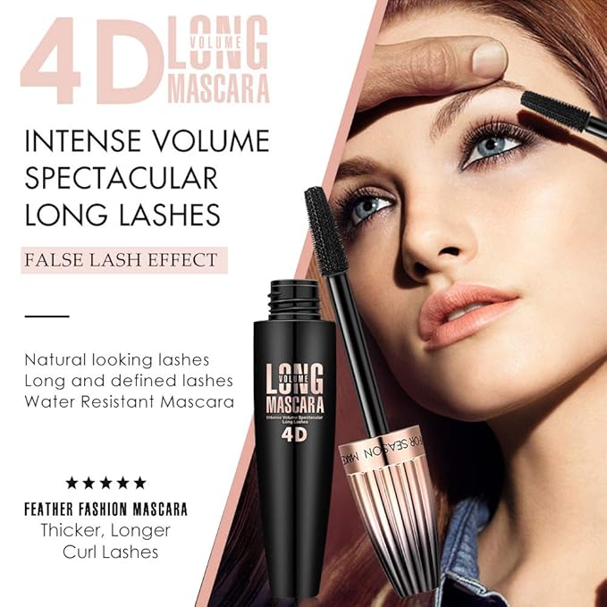 4D Silk Fiber Lash mascara, Waterproof Mascara Black Volume and Length, Natural Lengthening and Thick, Smudge-Proof,No Clumping, Instantly Create The Look of Lash Extensions, All Day Full, 2 Pack