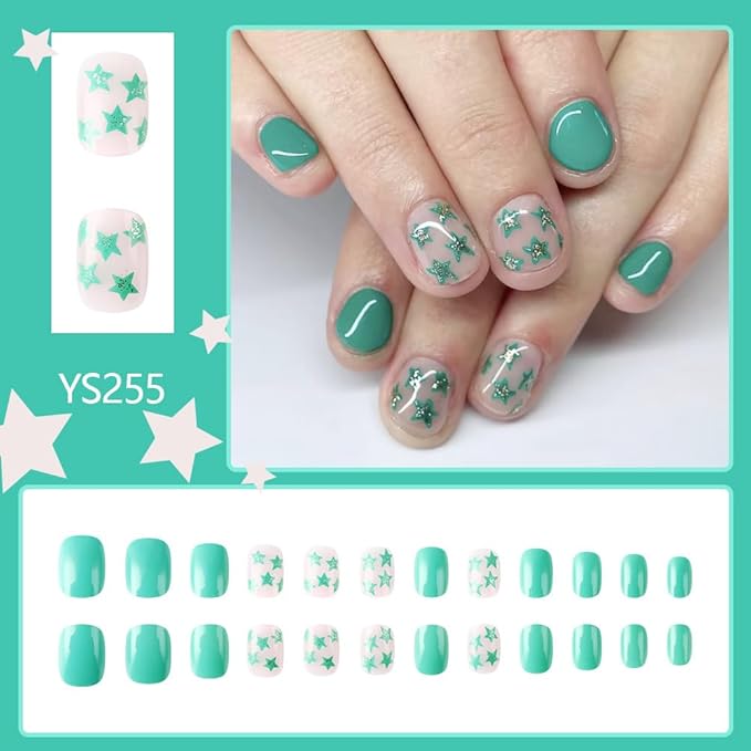 Green Press on Nails Short Square Fake Nails Spring False Nails with Designs Green Star Glue on Nails Cute Acrylic Nails Full Cover Summer False Nail Tips Reusable Stick on Nails for Women 24PCS