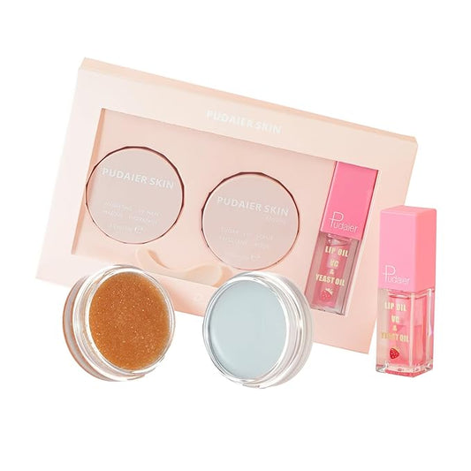 Pudaier 3Pcs Lip Care Kit with Coconut Lip Mask Caramel Lip Scrub Strawberry Lip Oil for Shiny and Nourishing Lips, Dry Lips Treatment, Moisturizing Lip Care For All Day Hydration