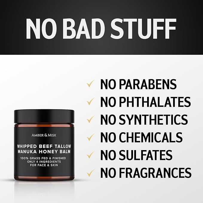 Whipped Beef Tallow and Honey Balm, 100% Grass Fed Beef Tallow Balm, Grass Finished Organic Beef Tallow for Skin, Face Wrinkles, Acne, No Fragrances, Made In USA Products Only, TikTok Trend Items