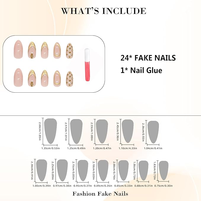 IMRAIN Medium Press on Nails Almond Fake Nails 3D Golden Edge French Tips Acrylic False Nails Glossy Nude Glue on Nails Artificial Nail Supplies Full Cover Stick on Nails for Women Girls 24Pcs