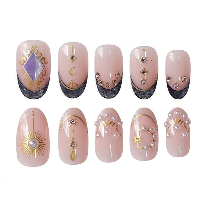 French Tip Press on Nails Gold Fake Nails with Pearl Design Nude Glue on Nails Medium Almond False Nail Glossy Full Cover Artificial Acrylic Glitter Stick on Nail for Women Girls Manicure 24Pcs