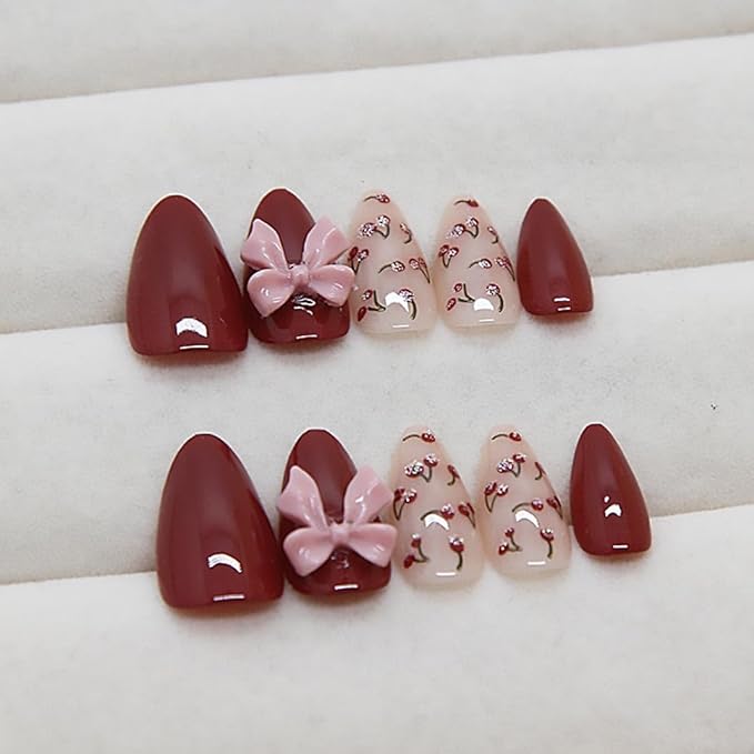 Almond Press on Nails Medium Fake Nails French Tips Nails Red Nails Glossy Full Cover Nails for Women 30 PCS/Set
