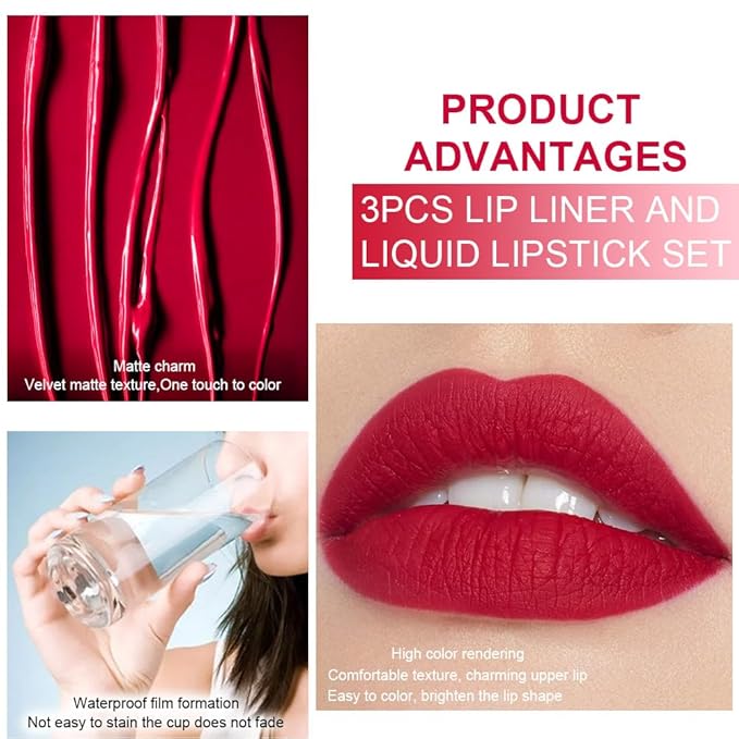 evpct 3Pcs Dark Ruby Brown Rose red Lip Stain Paint Matte Lip Liner and Lipstick Set Long Lasting labiales matte mate larga duracion listip 24 hours a prueba de agua mate 24 horas originales