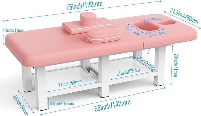Physical Therapy Table Stationary Massage Table, 75”L 31.5''W Heavy Duty Height Adjustable Esthetician Bed w/Facial Cradle, 800LBS Metal Frame PU Leather Spa Lash Bed Professional Equipment (Pink)
