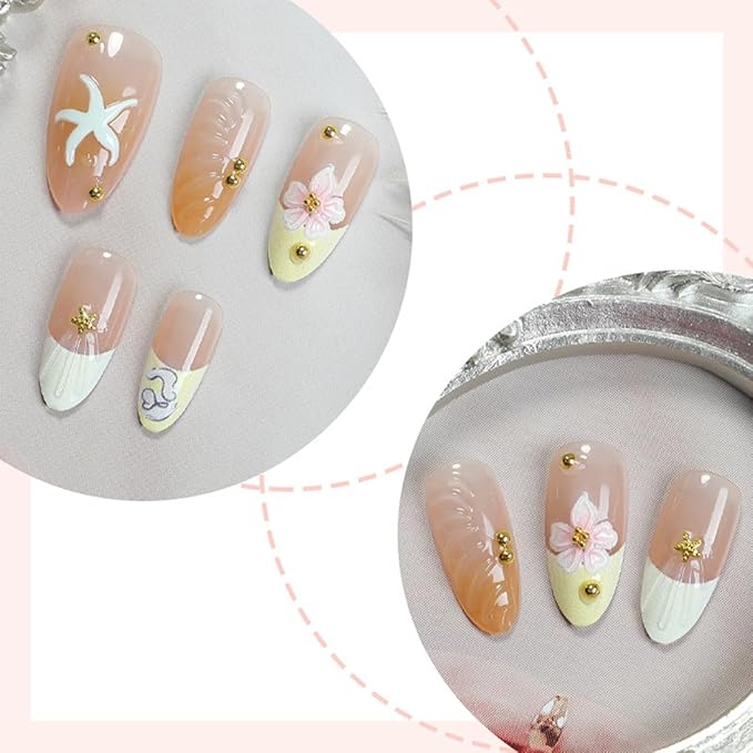 24Pcs Handmade Press on Nails Almond Medium Fake Nails with Gold Bead Starfish Charms Design Glossy Summer Glue on Nails 3D Flower Acrylic Nails Yellow Artificial French Tip Stick on Nails for Women