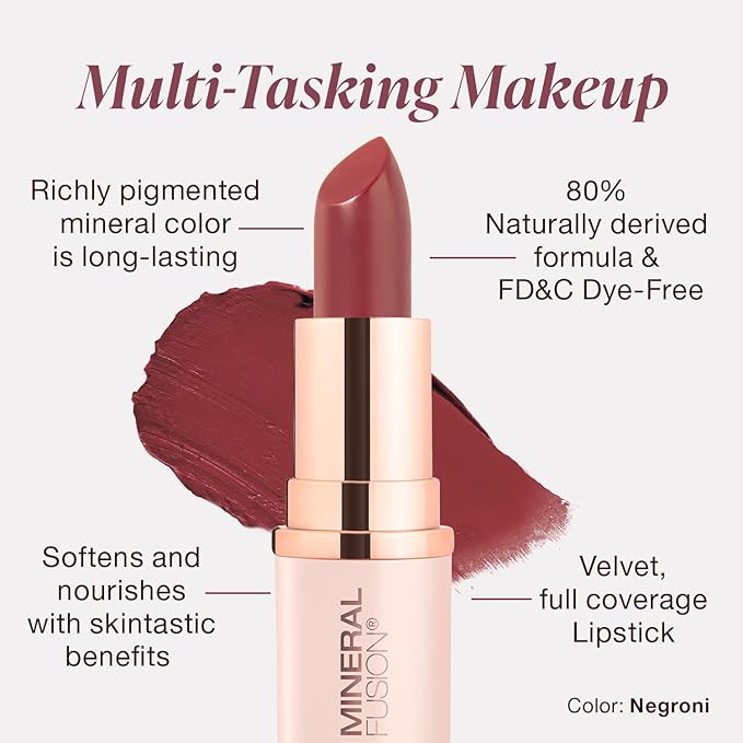 Mineral Fusion Long-Lasting Lipstick, Vivid & Smudge-Free Lip Color with Avocado Oil, Cocoa Seed Butter, Free of FD&C Dyes, Paraben and Gluten, Negroni