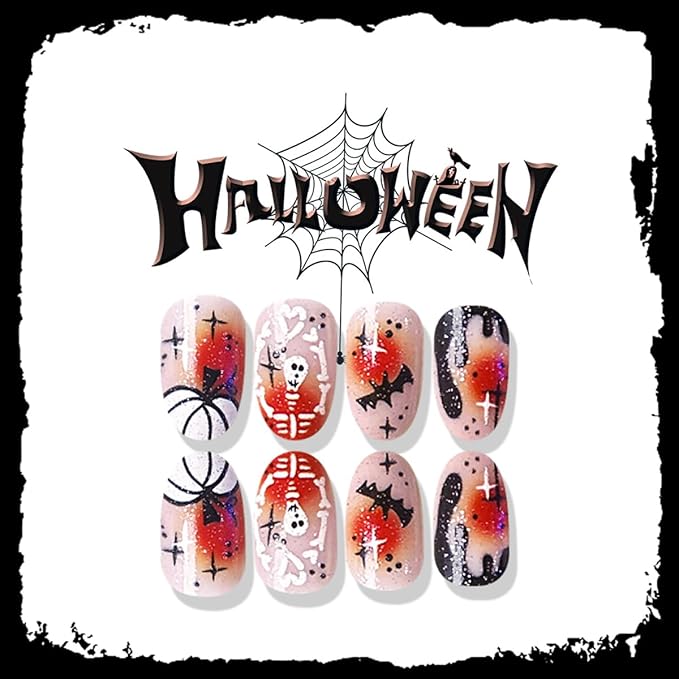 24Pcs Halloween Press on Nails Short Oval False Nail with Hand Heart Skeleton Designs Halloween Fake Nails Black Flame French Tip Nail Pumpkin Bat Glue on Nails for Women DIY Manicure Salon