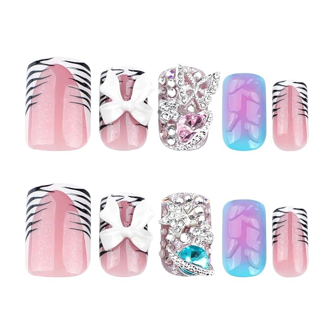 24Pcs Rhinestones Press on Nails Short Square Fake Nails with 3D Silver Butterfly Design Colorful Rhinestones Glue on Nails Cute Bow False Nails French Tip Press ons Stick on Nails for Women Girls