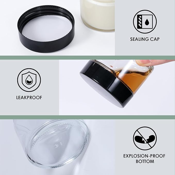 2oz Jars with Lids, HOA Kinh 4 Pack Clear Glass Jars Empty Cosmetic Containers Round Airtight Glass Jar with Inner Liners and black Lids for Storing Lotions, Powders, and Ointmentss