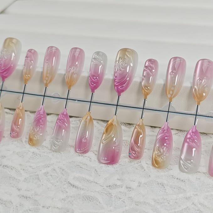 30Pcs Flower Press on Nails Medium Almond Fake Nails 3D Flowers Irregular Lines Rhinestones Designs Full Cover French Tip Glue on Nails Summer False Nails for Women Girls Acrylic Nail Decorations