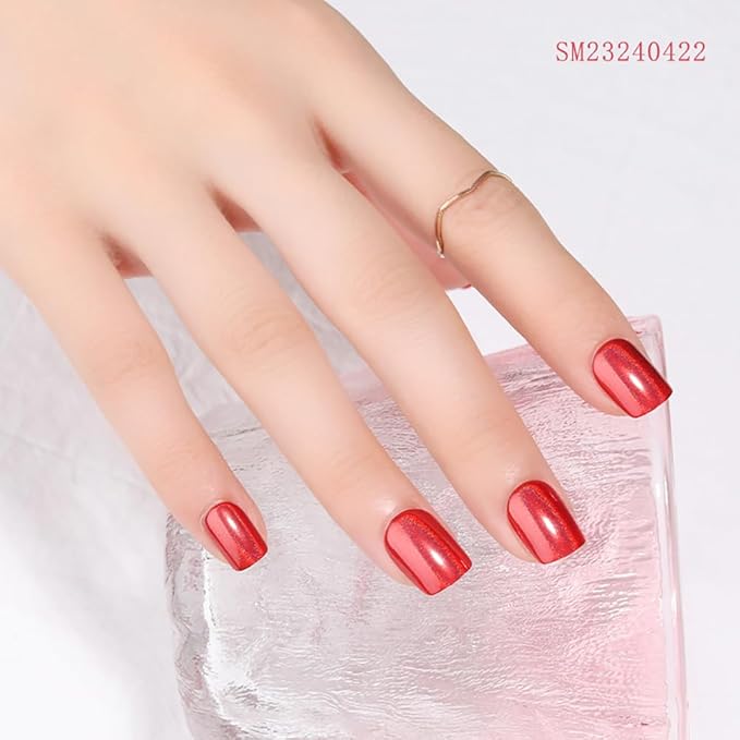 evpct Press on Nails Short Square for Women, Aurora Glazed Red Press on Fake Nails Reusable Glossy Stick on Nail for Women Girls Gift Glue on Nails Kit False Nail Polish Short with Accessories