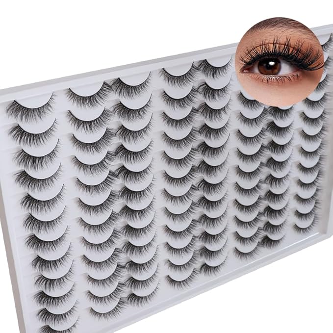 False Eyelashes 48 Pairs Faux Mink Lashes 14mm Wispy Lashes 3D Fluffy Cat Eye Lashes Pack Bulk Wholesale Strip Lashes(style 48-019)