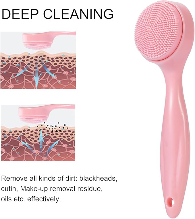 2 Pack Silicone Face Scrubber Exfoliating Brush, Manual Handheld Facial Cleansing Brush Blackhead Scrubber, Soft Bristles Waterproof for Face Skincare (Round-Pink)