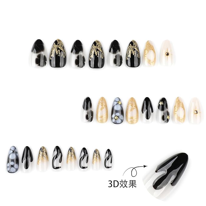 Medium Length Almond Press On Nails, 3D Gold French Tip & Stars Design, Coffin Shape Full Cover False Nails, Reusable Acrylic Glue On Nails for Women, DIY Manicure Kit