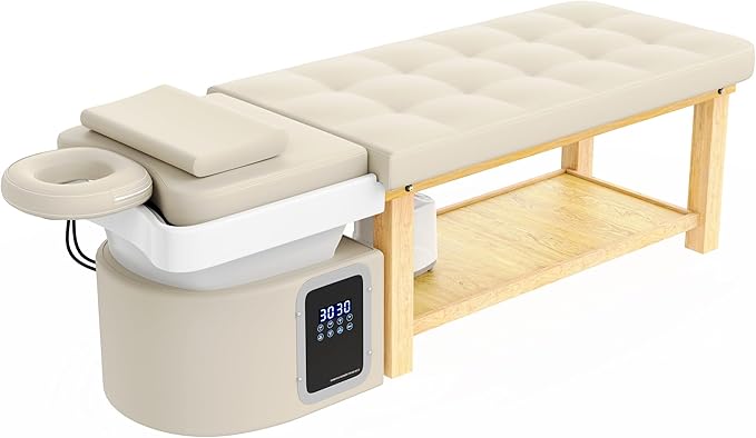 Olela Heavy Duty Head Spa Bed - Headspa Equipment with Water Cycle & Fumigation Salon Equipment, Stationary Massage Table with U Shaped Head Basin and Wood Frame for Beauty Salon