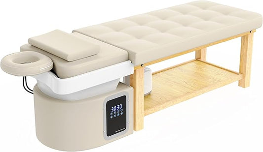 Hair Washing Head Spa Stationary Massage Table with Water Cycle & Fumigation Salon Equipment for Beauty Head Spa Physical Therapy Massage, Wood Frame, PU Leather - Beige Gray
