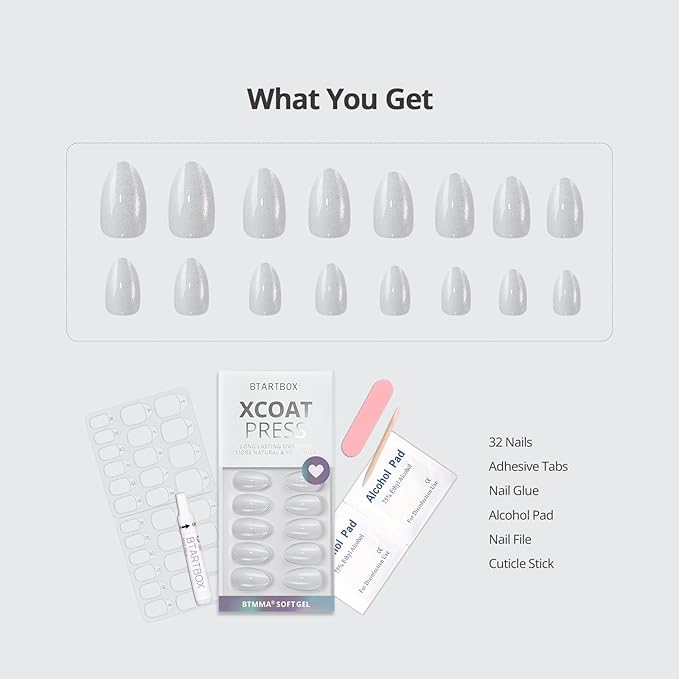 BTArtbox Press On Nails Short - Lamp-Curable White Cat Eye Almond Press On Nails with Glue for Women, Semi-Transparent Soft Gel Glue On Nails in 16 Sizes - 32 Stick On Nails Kit, Whitecaps