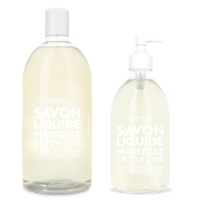 Compagnie de Provence Savon de Marseille Extra Pure Liquid Soap - Cotton Flower -16.7 Fl Oz Glass Pump Bottle and 33.8 fl oz Plastic Bottle Refill