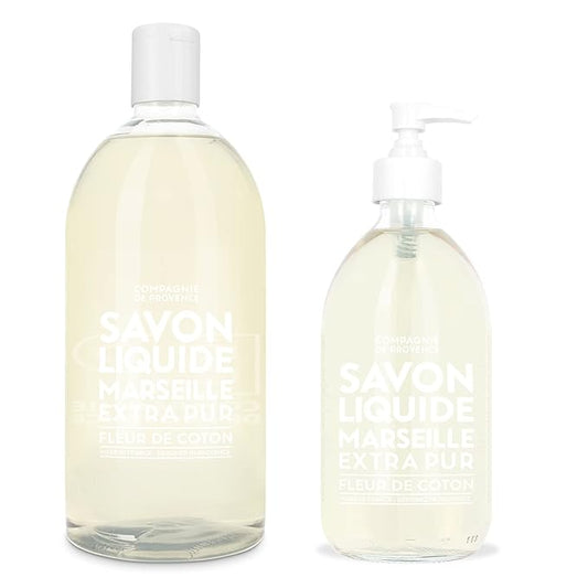 Compagnie de Provence Savon de Marseille Extra Pure Liquid Soap - Cotton Flower -16.7 Fl Oz Glass Pump Bottle and 33.8 fl oz Plastic Bottle Refill