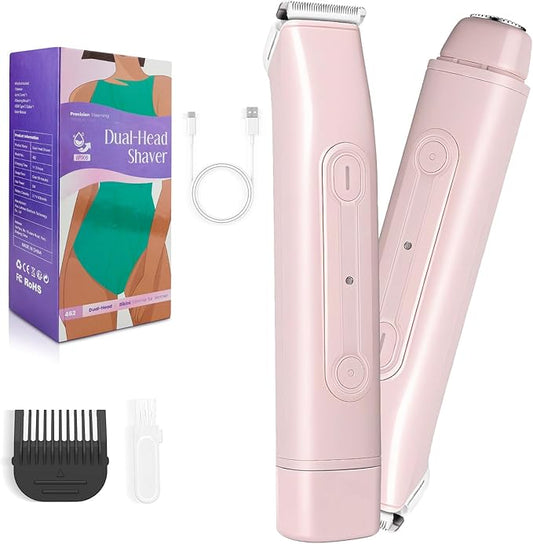 Lanumi 2 in 1 Electric Shaver Dual Head Bikini Trimmer Women IPX6 Wet Dry Pubic Hair Trimmer Rechargeable Body Facial Hair Remover for Face Lip Chin Underarm Legs (Pink)