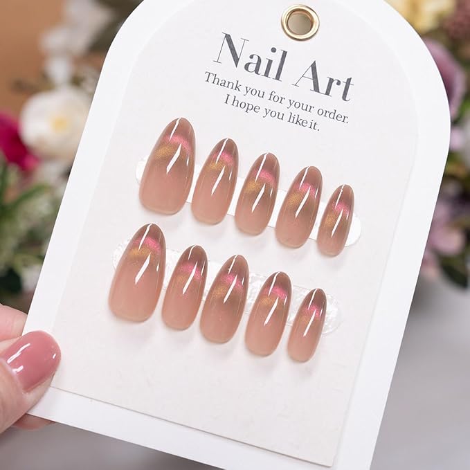 Cat Eye Nude Smile Press On Nails Medium Almond, Designer Reusable Acrylic Fake Nails with Glue, Glossy Soft Gel Nails Wedding and Party, Stick On Glue On Nails, Nails Press Ons for Women