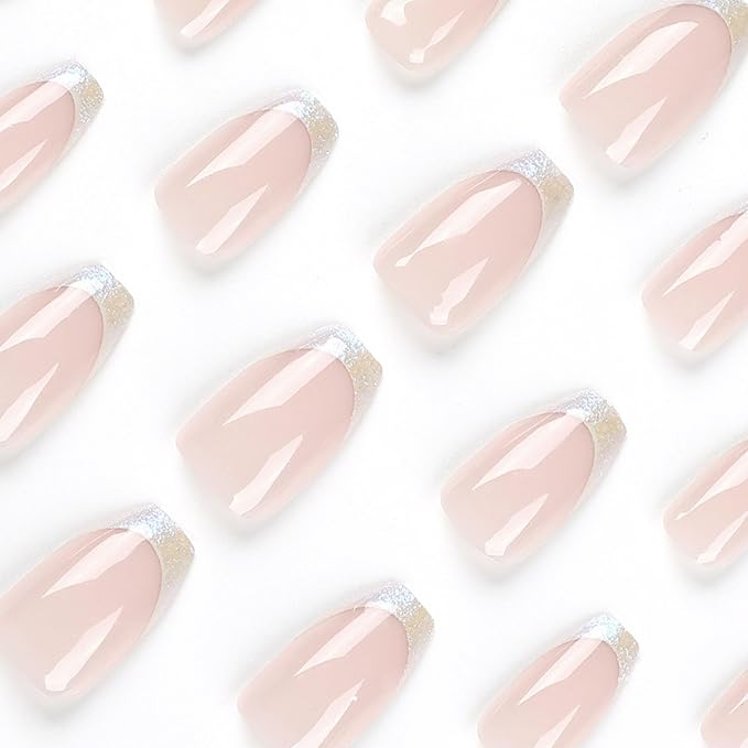 Coffin Press on Nails Short Fake Nails with Glue Simple French Tip Designs Glitter French Glue on Nails Press ons Pink Full Cover Acrylic False Nails for Women 24 Pcs