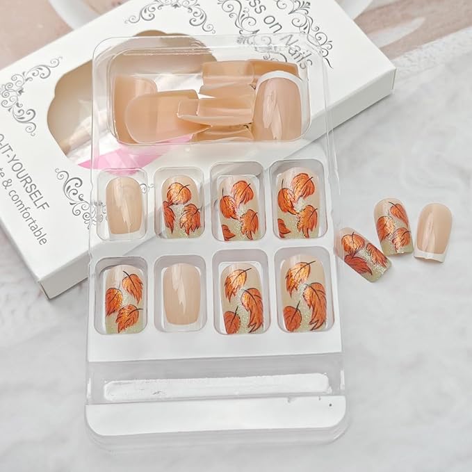 24Pcs Maple Leaf Press on Nails Short Square White French Tip Fake Nails Fallen Leaves with Glitter Design Thanksgiving Stick on Nails Full Cover Artificial Glue on Nail Autumn False Nails for Women