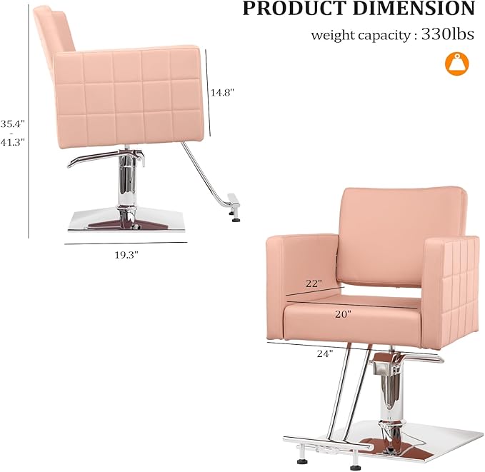 OmySalon Hydraulic Styling Chair for Hair Salon, Modern Pink Hairdressing Barber Chair w/Square Base & Footrest, 360 Degrees Swivel, Beauty Spa Equipment