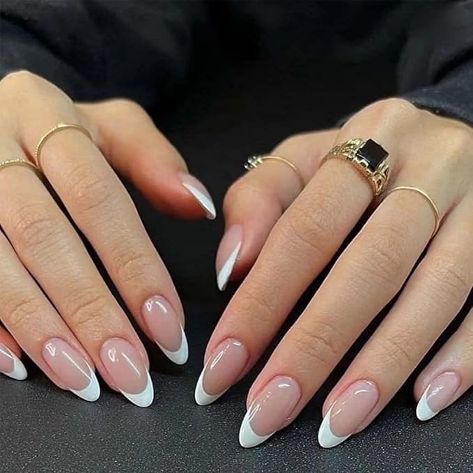 White Fake Nails Tips Almond Press on Nails Women's French False Nails White Medium Glossy Daily Wear Artificail Nails for Nail Art Manicure Decoration 24pcs