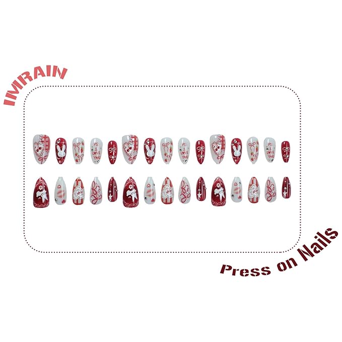 IMRAIN Red Press on Nails Medium Almond Fake Nails Cute Rabbit Acrylic False Nails Full Cover Glossy Glue on Nails Artificial White Stick on Nails for Women Girls 24Pcs