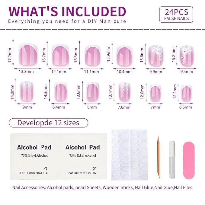 Short Square Press On Nails White Nude Gradient False Nails with White Silver Flowers Acrylic Press in Nails Gel Stick On Nails Set Glue on Nail for Women & Girls 24Pcs