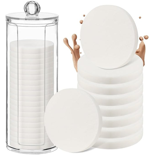 Dandat 20 Pcs Round Makeup Sponge with Acrylic Container Compact Powder Puff Cosmetic Sponge Round Foam Pad Beauty Face Makeup Foundation Powder Blender for Wet and Dry Dual Use(White)