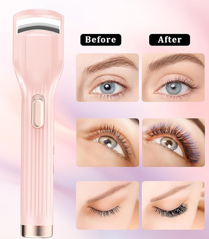 Heated Eyelash Curler Premium PRO - Fast Heat up in 8s - 24 Hours Long Lasting - Rechargeable Electric Eyelash Curler with Type-C, Innovative L Silicone, 2 Heat Modes, Anti-Burn Eyelid, Pink-DB