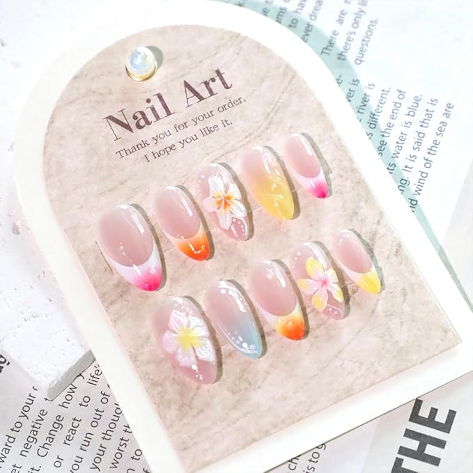 24Pcs 3D Flower Handmade Press on Nails Almond Fake Nails Colorful French Tip False Nails with Flower Charms Bright Colors Short Nails Press ons Acrylic Nail Tips for Women DIY Flowers Nail Art