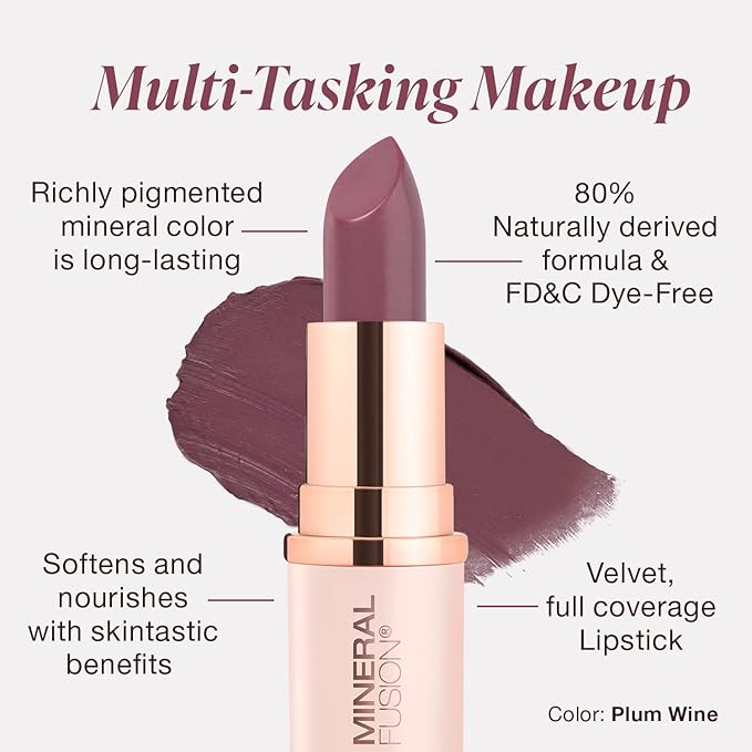 Mineral Fusion Long-Lasting Lipstick, Vivid & Smudge-Free Lip Color with Avocado Oil, Cocoa Seed Butter, Free of FD&C Dyes, Paraben and Gluten, Plum Wine