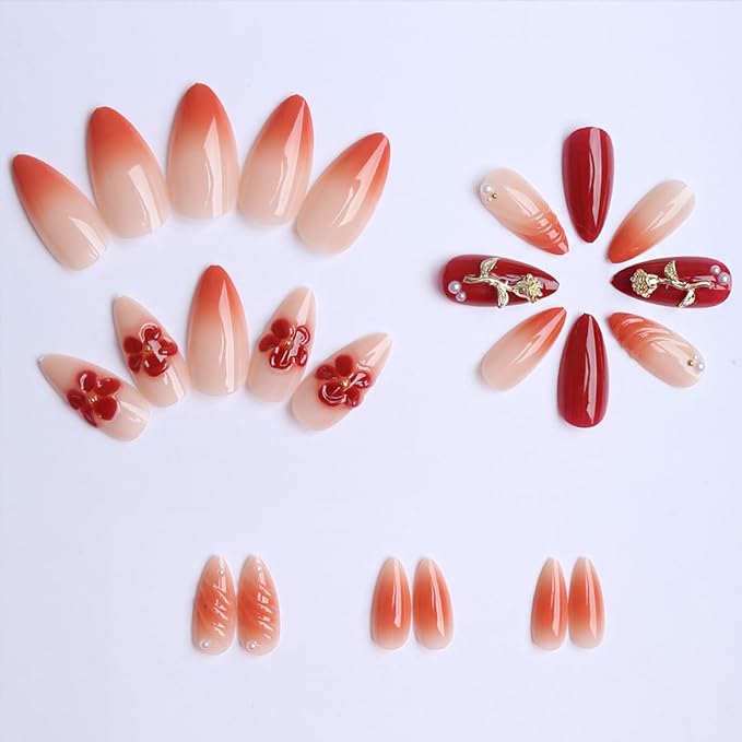 Long Press on Nails Almond Nude False Nails with Gold Rose Nude Gradient Fake Nail for Party Stick on Nail for Women 24pcs