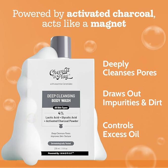 Chemist at Play Deep Cleansing Body Wash| Activated Charcoal Removes Dirt | Lactic Acid for Skin Texture| Glycolic Acid for Exfoliation| 7.9 Fl oz