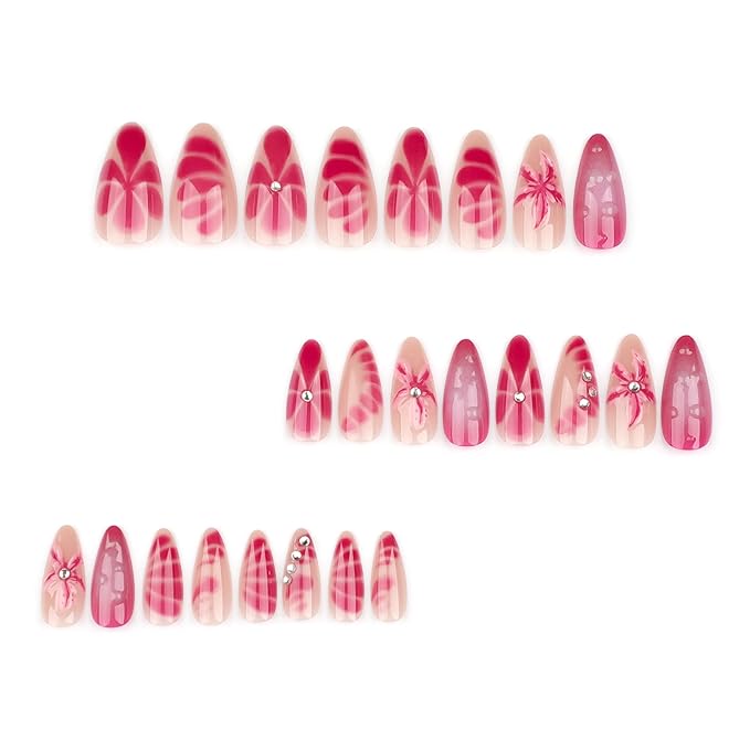 24Pcs Flower Press on Nails Medium Almond Fake Nails with 3D Spring Floral Rhinestones Design Pink Blooming Ombre Acrylic Nails False Nails Blush Gradient Full Cover Glue on Nails for Women