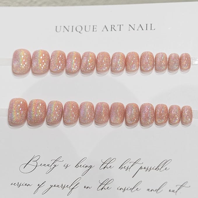 Cat Eye Pink Glitter Press On Nails Short Square, Designer Reusable Acrylic Fake Nails with Glue, Glossy Soft Gel Nails Wedding and Party, Stick On Glue On Nail, Nails Press Ons for Women