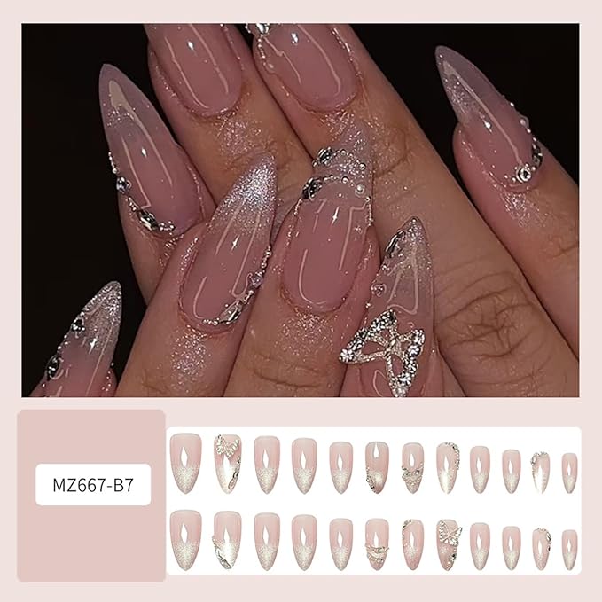 24Pcs Silver Rhinestones Press on Nails Medium Almond Fake Nails Butterfly Gems Glitter Full Cover Acrylic French Tip Glue on Nails Gradient Pink False Nails Stick on Nails for Women Nail Decorations