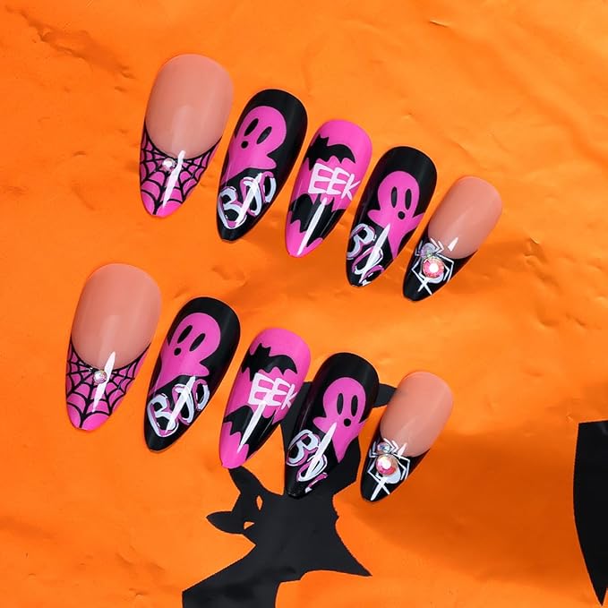 Medium Almond Press on Nails Gothic Halloween Fake Nails with 3D Spider Design Cute Ghost False Nails Spider Web French Tip Acrylic Nail Evil Pumpkin Bat Glue on Nail for Women DIY Manicure 30Pcs