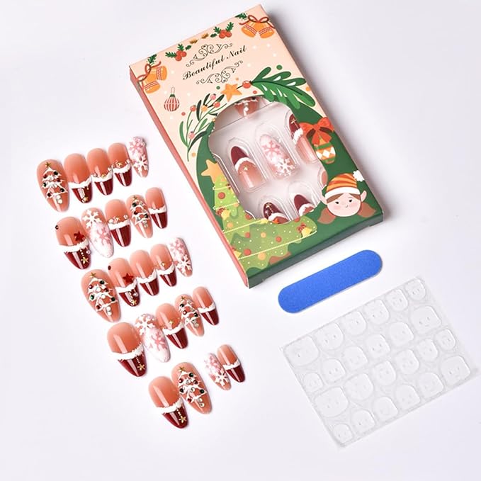 Christmas Press on Nails Medium Almond NEWSPIED Red French Tip Fake Nails with Colorful Rhinestones Design Christmas Tree Snowflake False Nails Winter Nude Pink Glossy Glue on Nails for Women 24Pcs