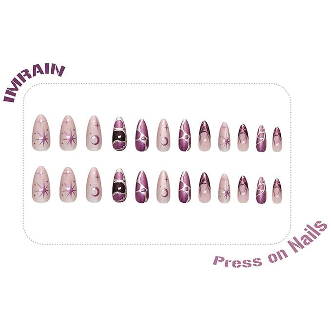 IMRAIN Press on Nails Almond Medium Fake Nails Purple Glue on Nails with Cat's Eye Designs Full Cover Moon Star French Tips False Nails Manicure Y2K DIY Nail Art 24Pcs Glossy Stick on Nails